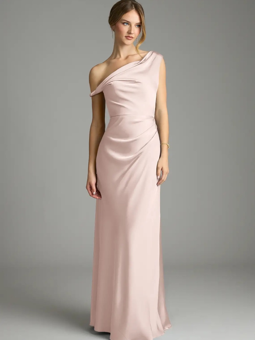 Azazie One-Shoulder “Emerson” gown in blushing pink stretch satin size A4